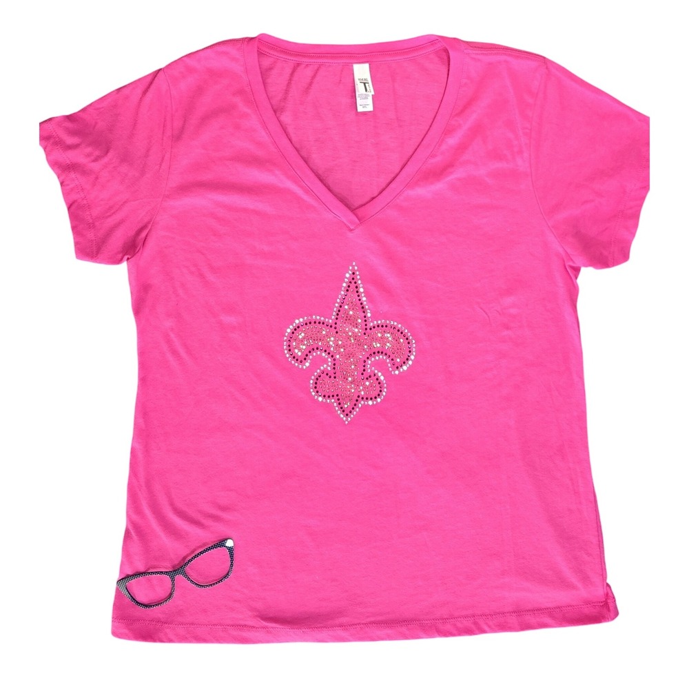 PLUS XXL Next Level Ideal Tee Rhinestone Fleur-de-lis V-Neck Hot‎ Pink T-Shirt
